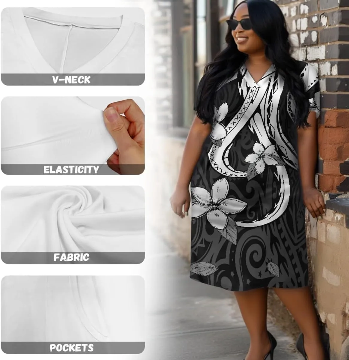 Womens Plus Size Polynesian American Samoa Dress V Neck Short Sleeve Loose Fit Dresses