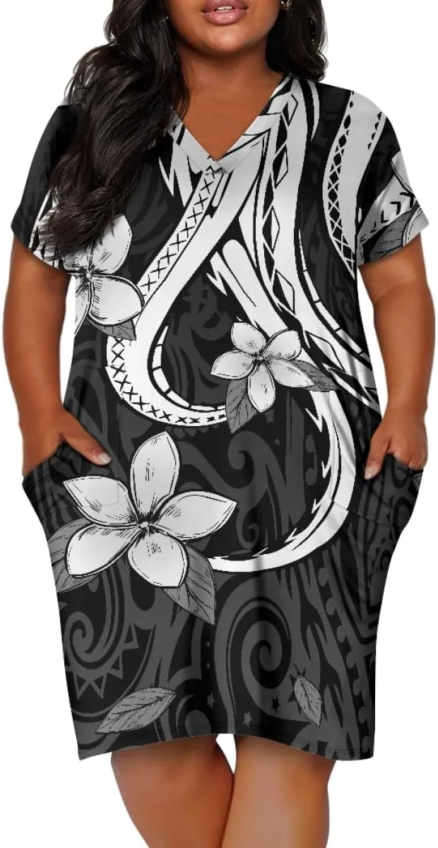 Womens Plus Size Polynesian American Samoa Dress V Neck Short Sleeve Loose Fit Dresses