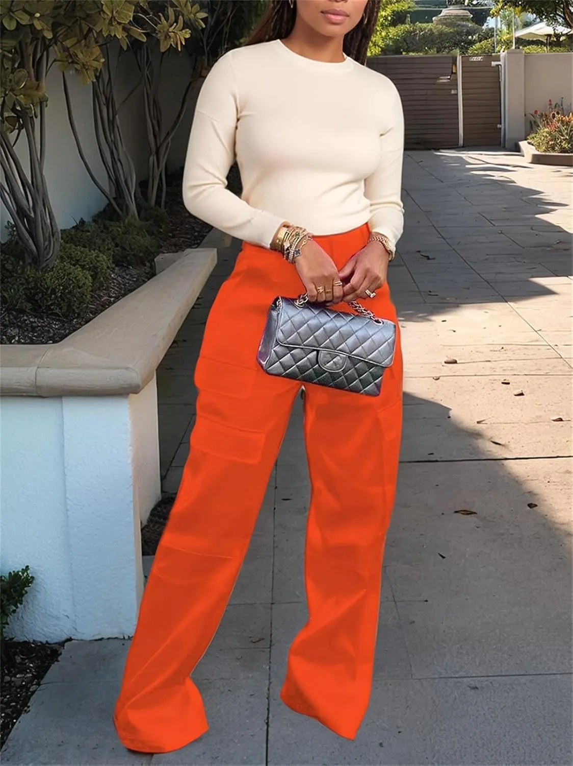 Women's Satin Cargo Wide Leg Pants Silky Dressy Relaxed Casual Pocketed Long Trouser