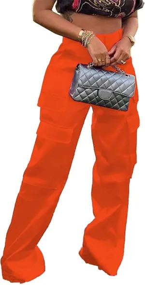 Women's Satin Cargo Wide Leg Pants Silky Dressy Relaxed Casual Pocketed Long Trouser