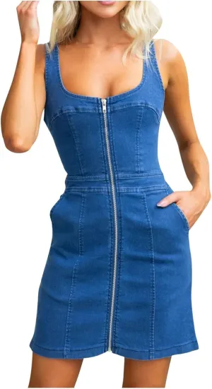 Women's Sexy Denim Dresses Trendy Sleeveless Slim Fit Front Zipper Going Out Tank Dress Y2K Jean Dress with Pockets