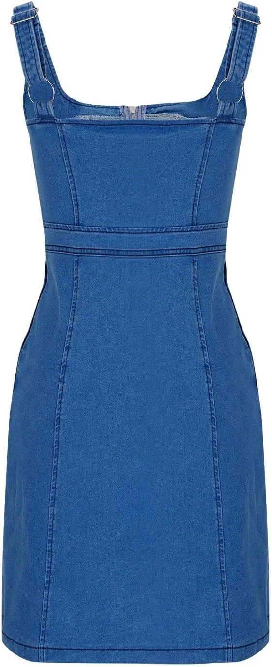 Women's Sexy Denim Dresses Trendy Sleeveless Slim Fit Front Zipper Going Out Tank Dress Y2K Jean Dress with Pockets