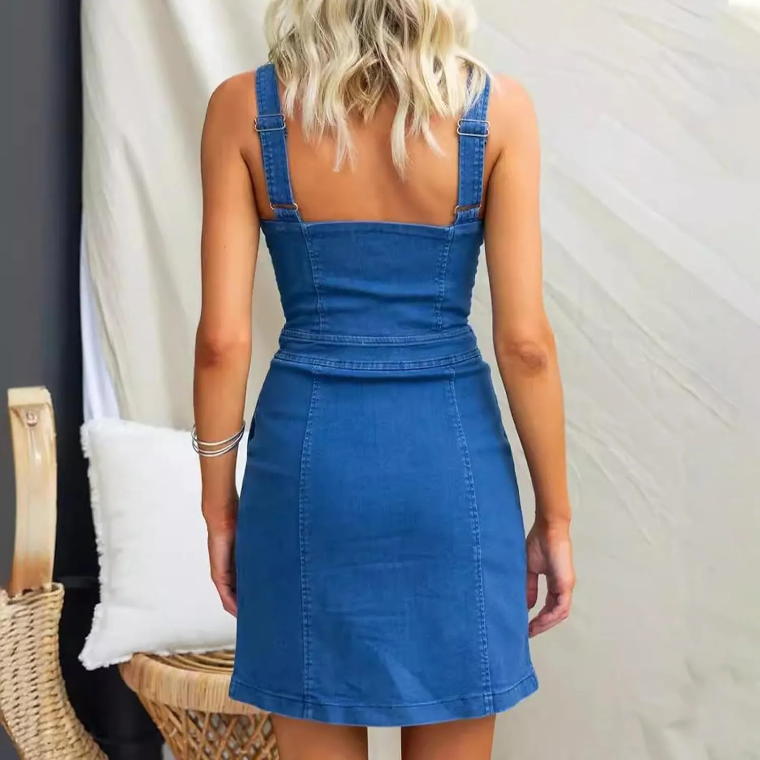 Women's Sexy Denim Dresses Trendy Sleeveless Slim Fit Front Zipper Going Out Tank Dress Y2K Jean Dress with Pockets
