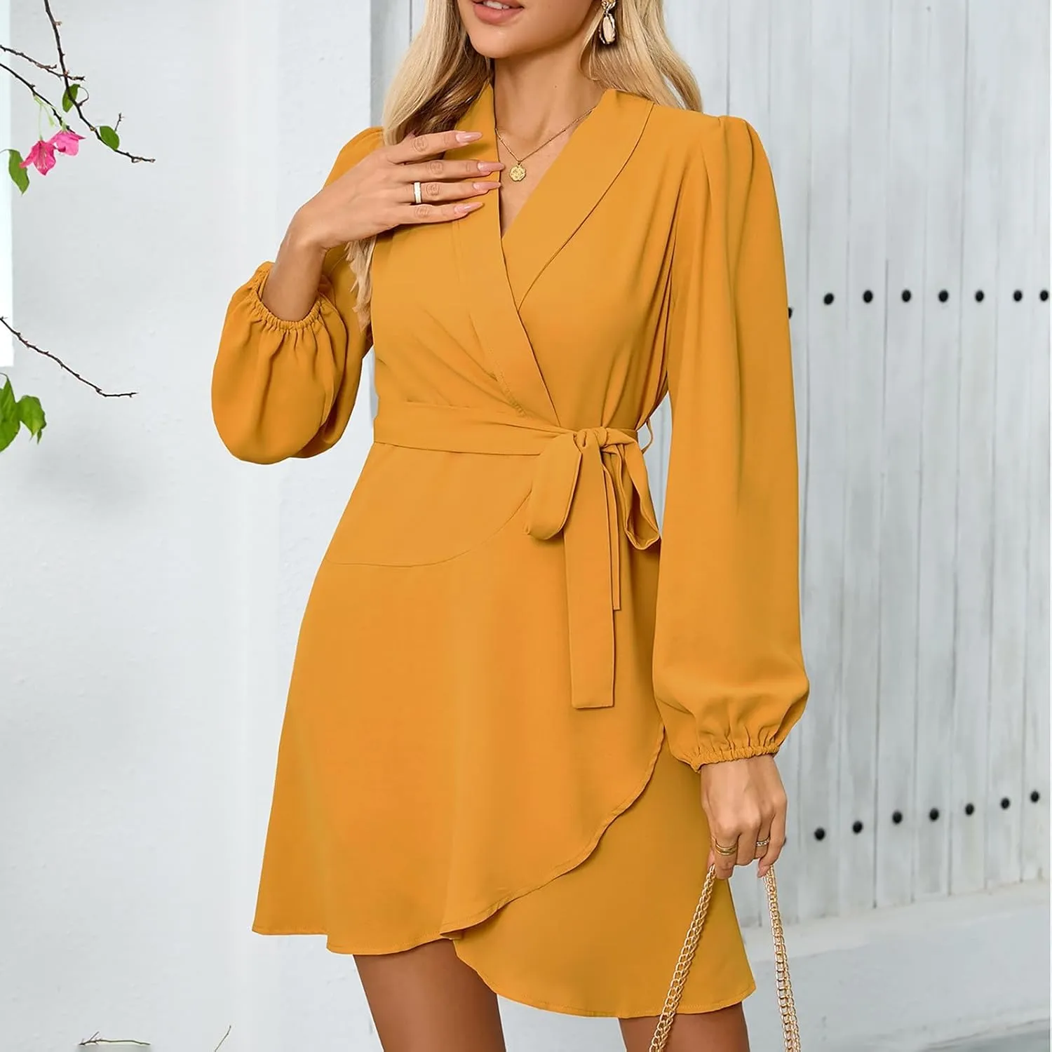 Women's Sexy V-Neck Dress Long Sleeve Waist Tie Ruffle Mini Dress Elegant Summer Casual Swing Dresses