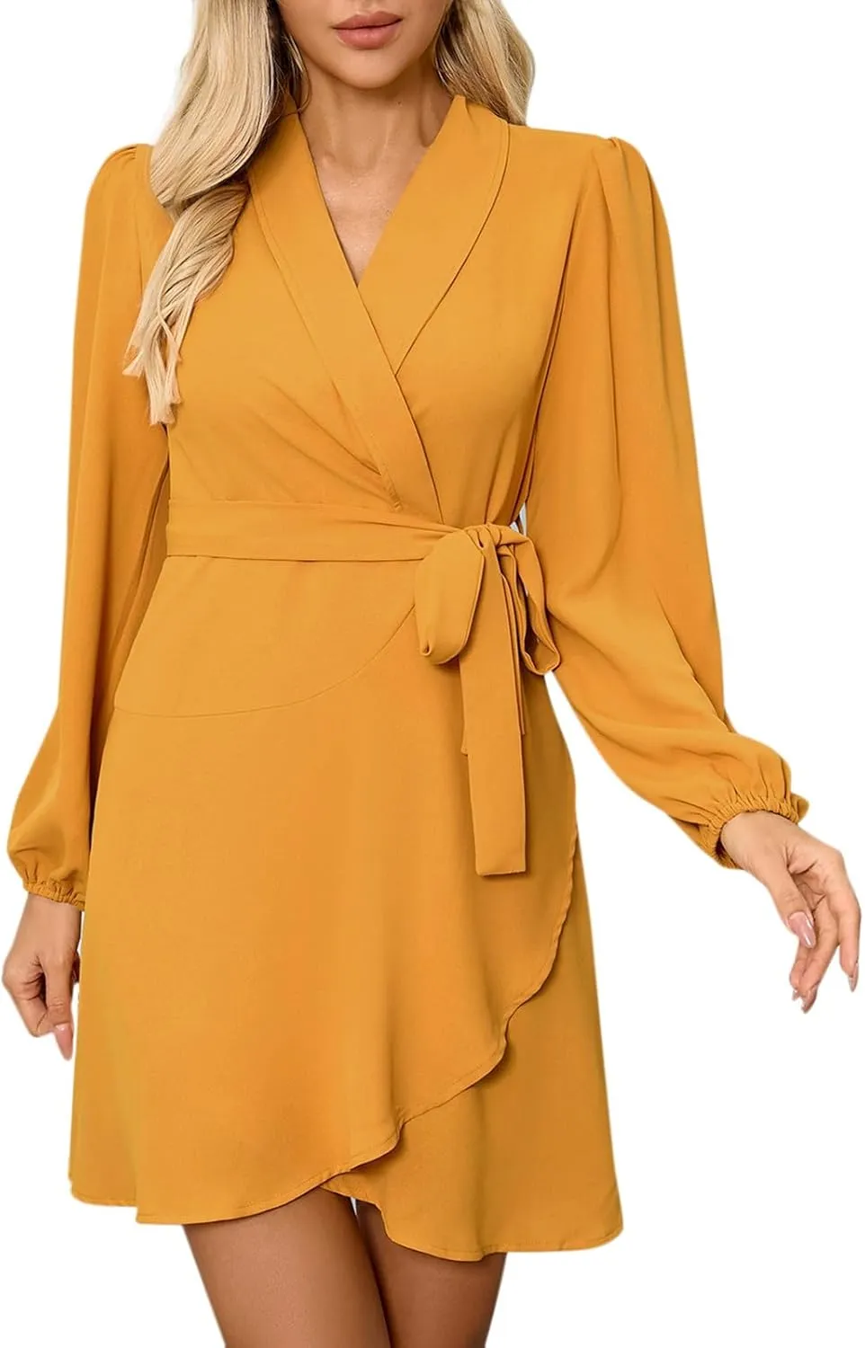 Women's Sexy V-Neck Dress Long Sleeve Waist Tie Ruffle Mini Dress Elegant Summer Casual Swing Dresses