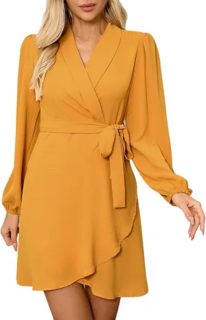 Women's Sexy V-Neck Dress Long Sleeve Waist Tie Ruffle Mini Dress Elegant Summer Casual Swing Dresses