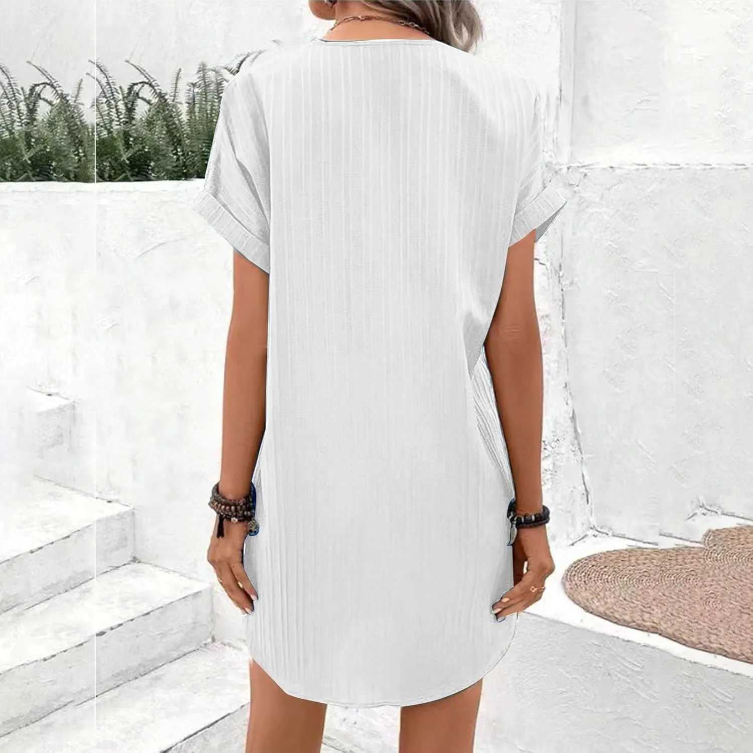 Womens Short Sleeve Casual Summer Dress V Neck Boho Beach Mini T Shirt Dress Dressy Work Button Down Swing Dresses