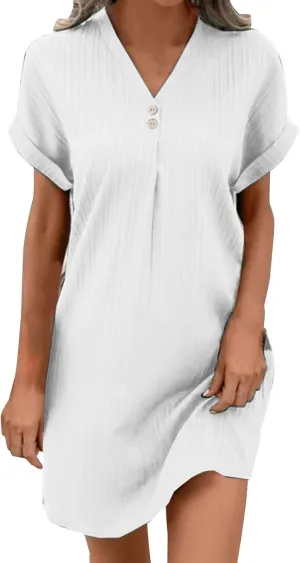 Womens Short Sleeve Casual Summer Dress V Neck Boho Beach Mini T Shirt Dress Dressy Work Button Down Swing Dresses
