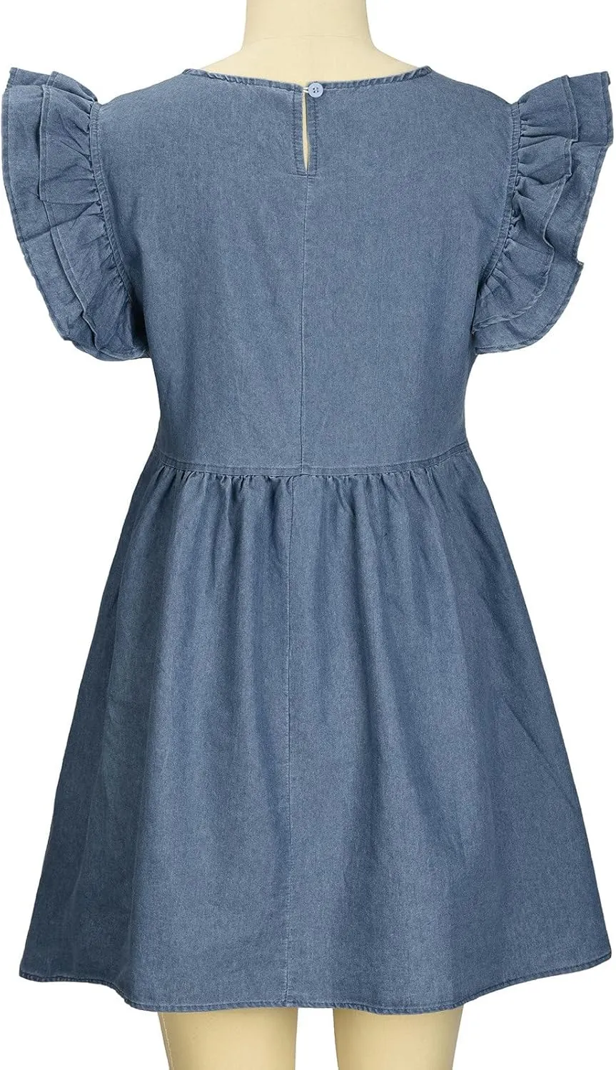 Women's Short Sleeve Denim Maxi Long Midi Loose Fit Shirt Western Fall Summer Dress 2025
