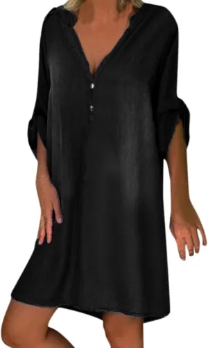 Women's Short Sleeve Denim Maxi Long Midi Loose Fit Shirt Western Fall Summer Dress 2025