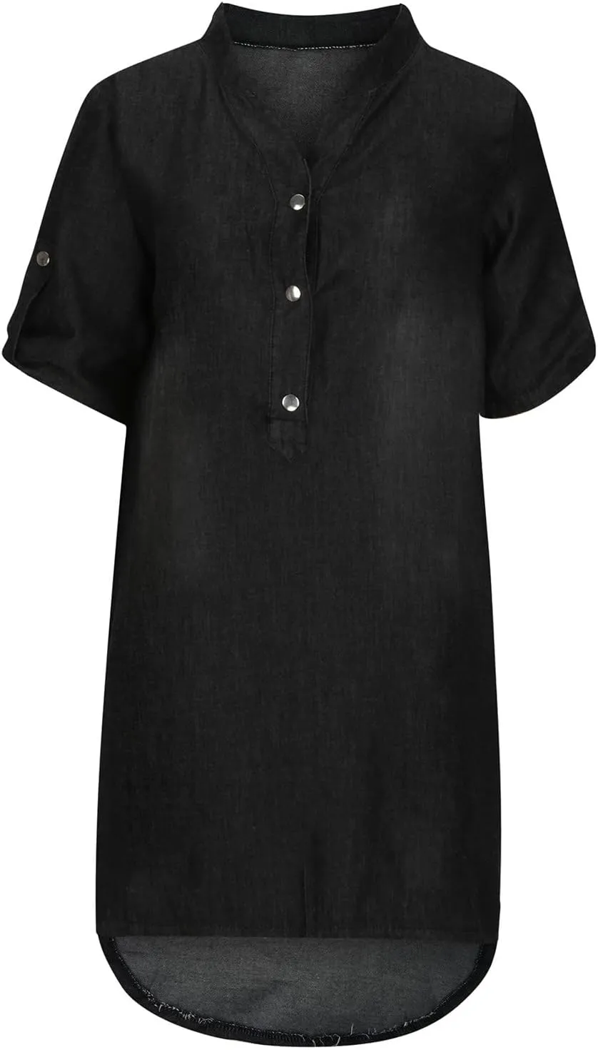 Women's Short Sleeve Denim Maxi Long Midi Loose Fit Shirt Western Fall Summer Dress 2025