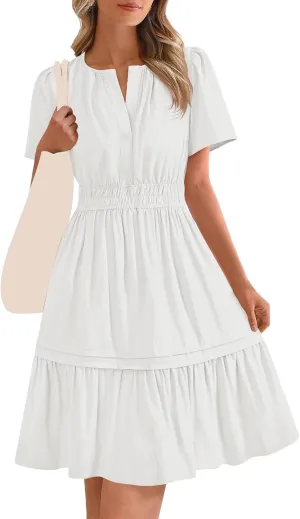 Womens Short Sleeve Dresses V Neck Smocked Waist A-Line Tiered Mini Dress Summer Flowy Boho Vacation Beach Sundress