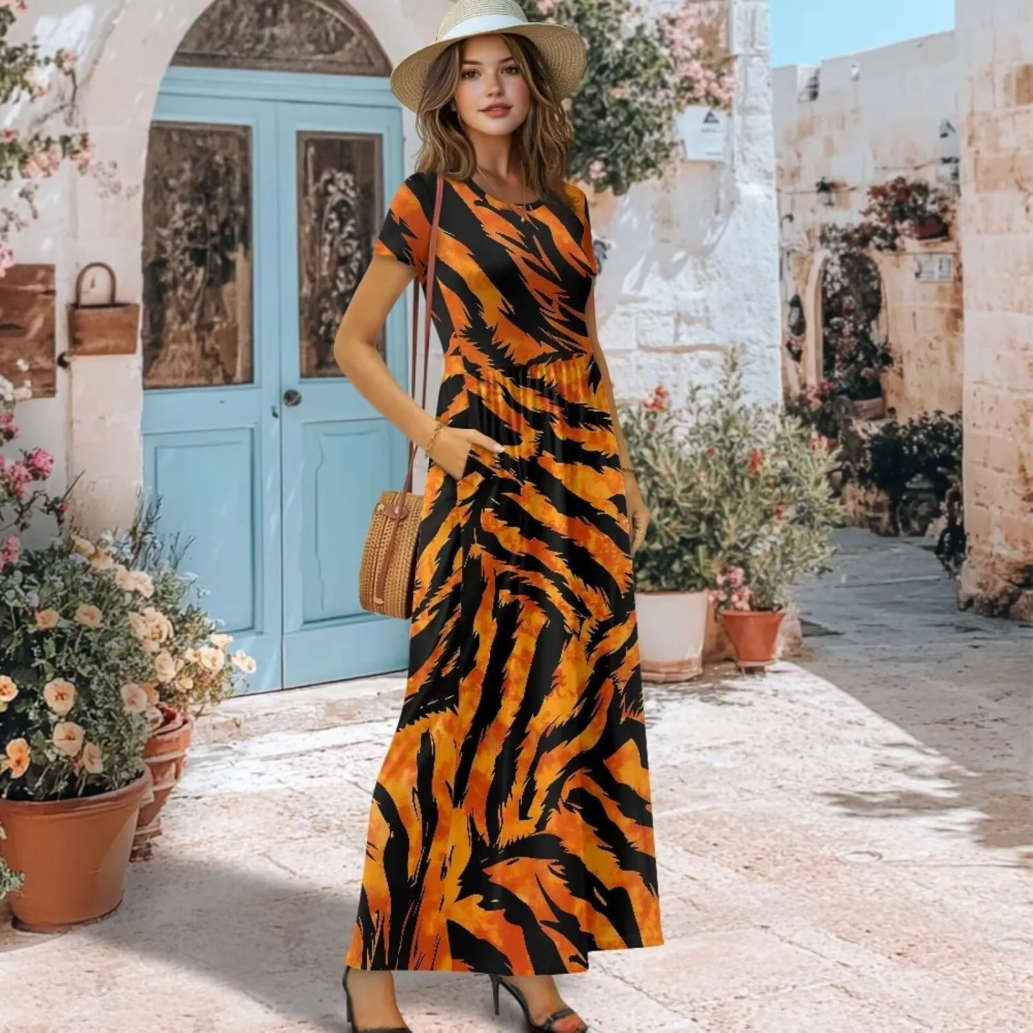 Women's Short Sleeve Loose Casual Long Maxi Dresses for Women 2025 Mushroom Pattern Summer Dress