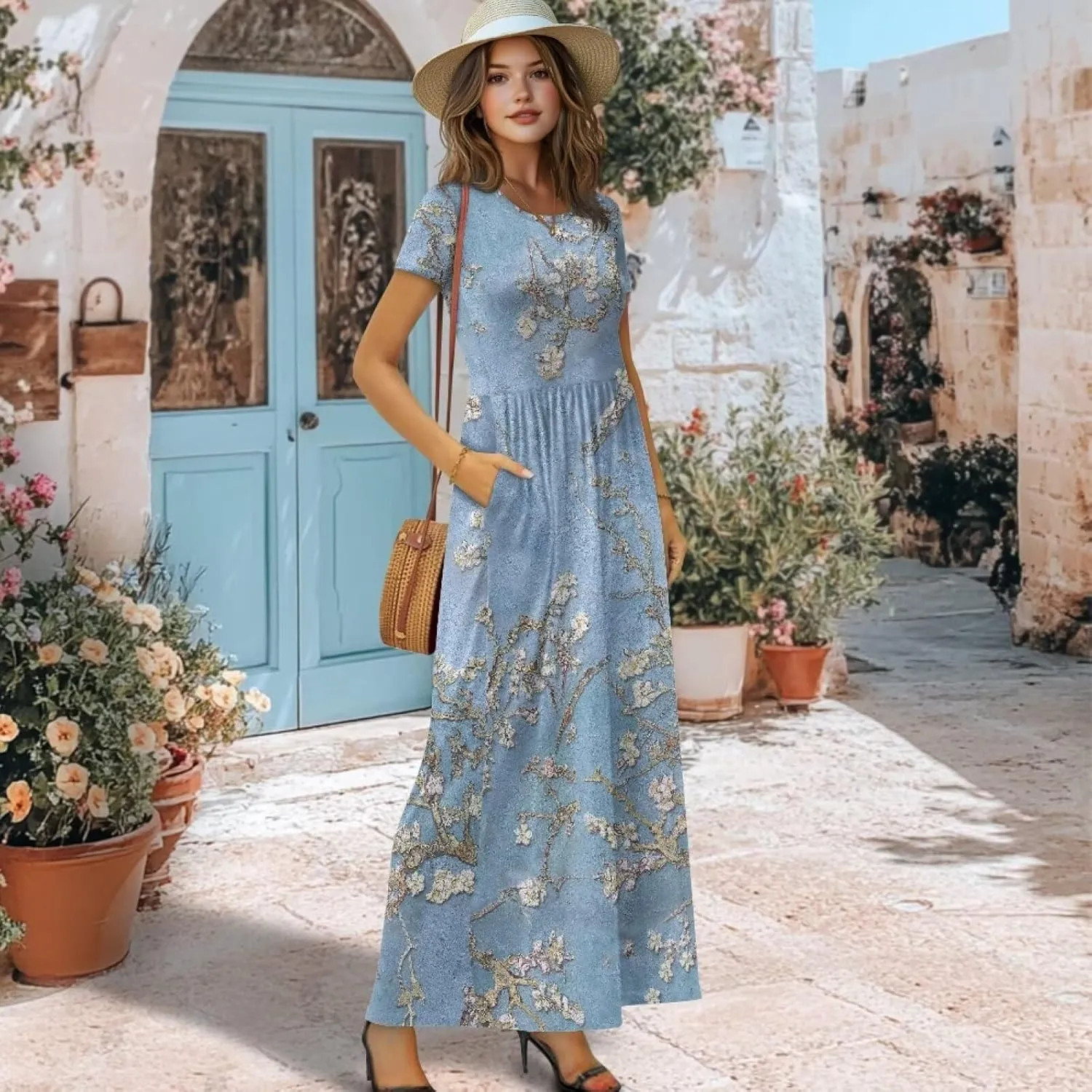 Women's Short Sleeve Loose Casual Long Maxi Dresses for Women 2025 Mushroom Pattern Summer Dress