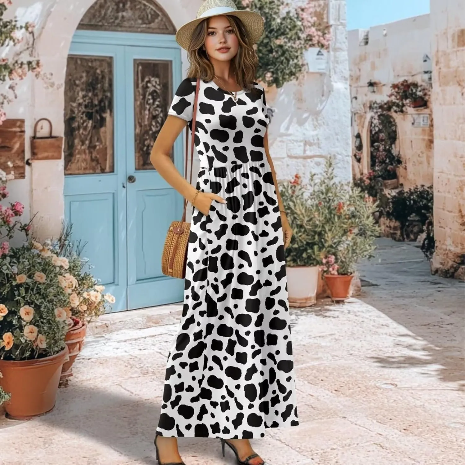 Women's Short Sleeve Loose Casual Long Maxi Dresses for Women 2025 Mushroom Pattern Summer Dress