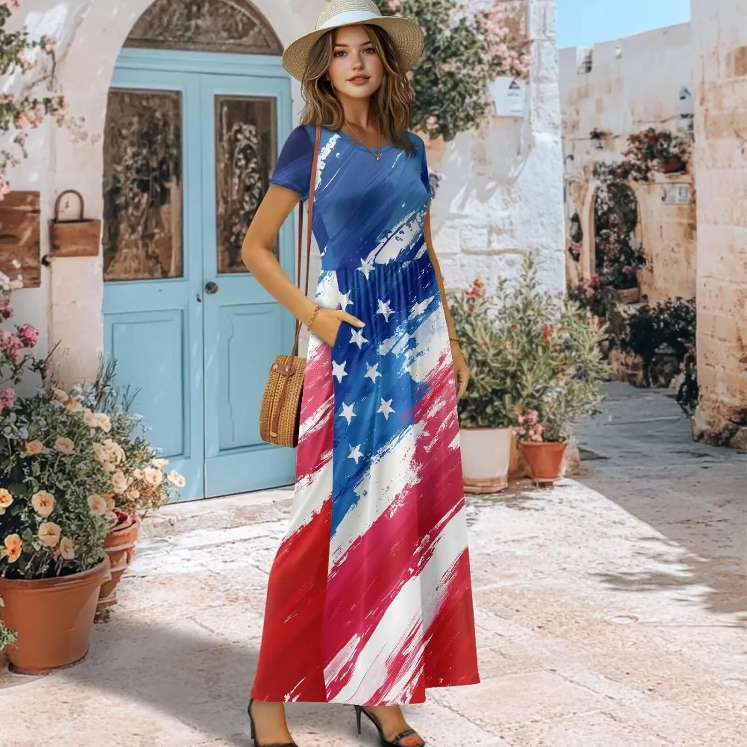 Women's Short Sleeve Loose Casual Long Maxi Dresses for Women 2025 Mushroom Pattern Summer Dress