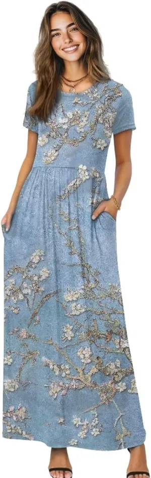Women's Short Sleeve Loose Casual Long Maxi Dresses for Women 2025 Mushroom Pattern Summer Dress