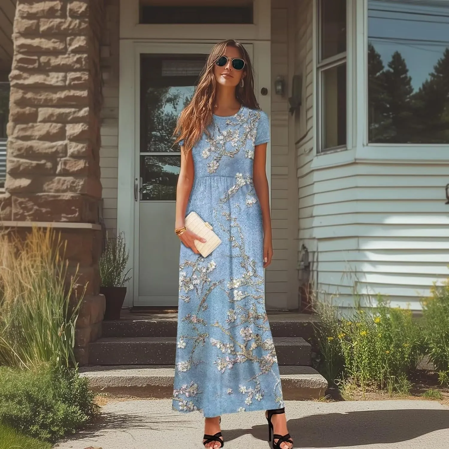 Women's Short Sleeve Loose Casual Long Maxi Dresses for Women 2025 Mushroom Pattern Summer Dress