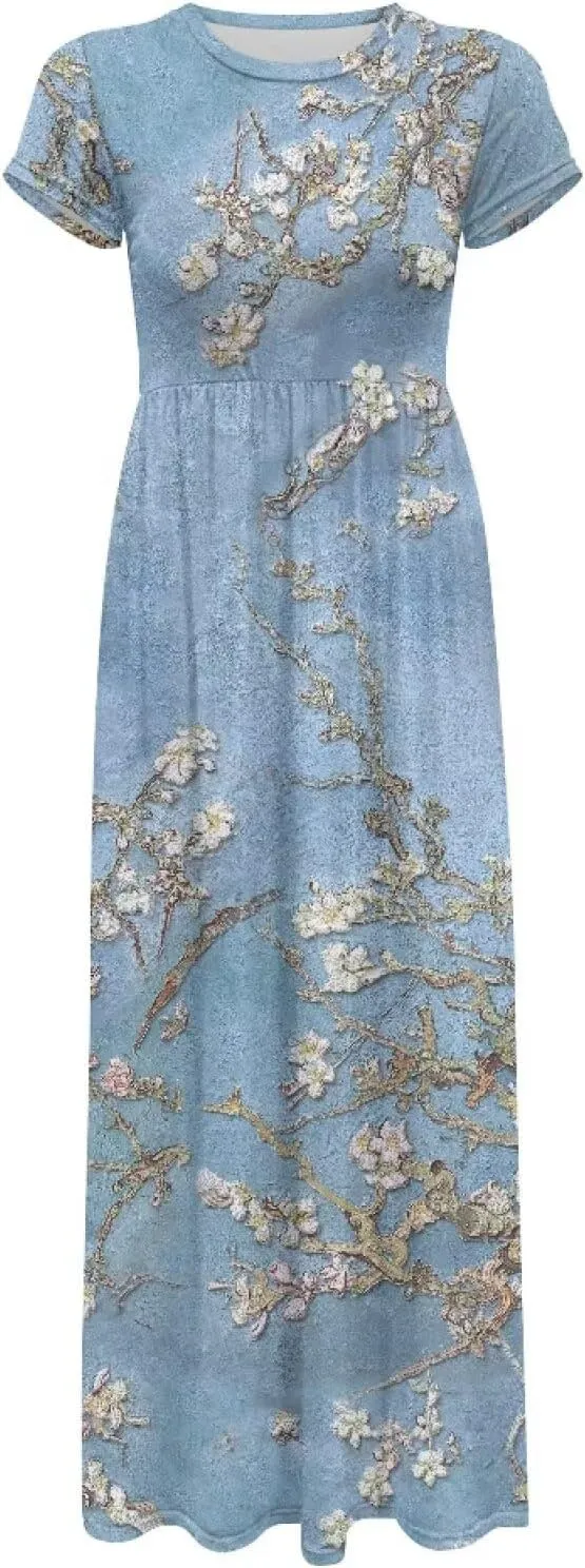 Women's Short Sleeve Loose Casual Long Maxi Dresses for Women 2025 Mushroom Pattern Summer Dress