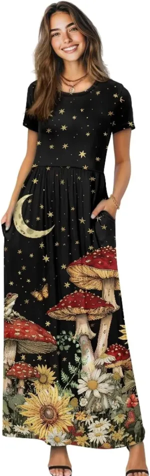 Women's Short Sleeve Loose Casual Long Maxi Dresses for Women 2025 Mushroom Pattern Summer Dress