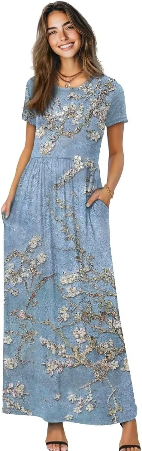 Women's Short Sleeve Loose Casual Long Maxi Dresses for Women 2025 Mushroom Pattern Summer Dress