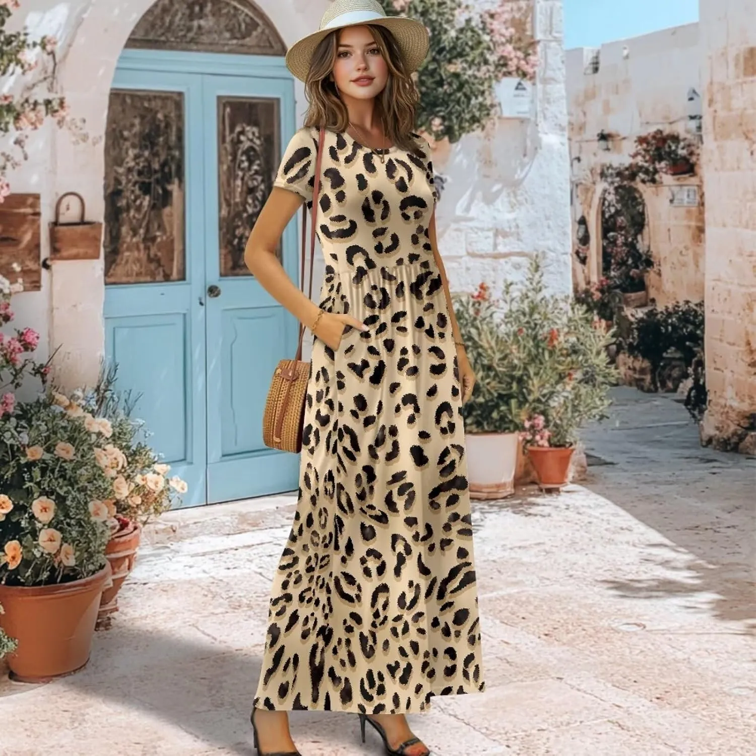 Women's Short Sleeve Loose Casual Long Maxi Dresses for Women 2025 Mushroom Pattern Summer Dress