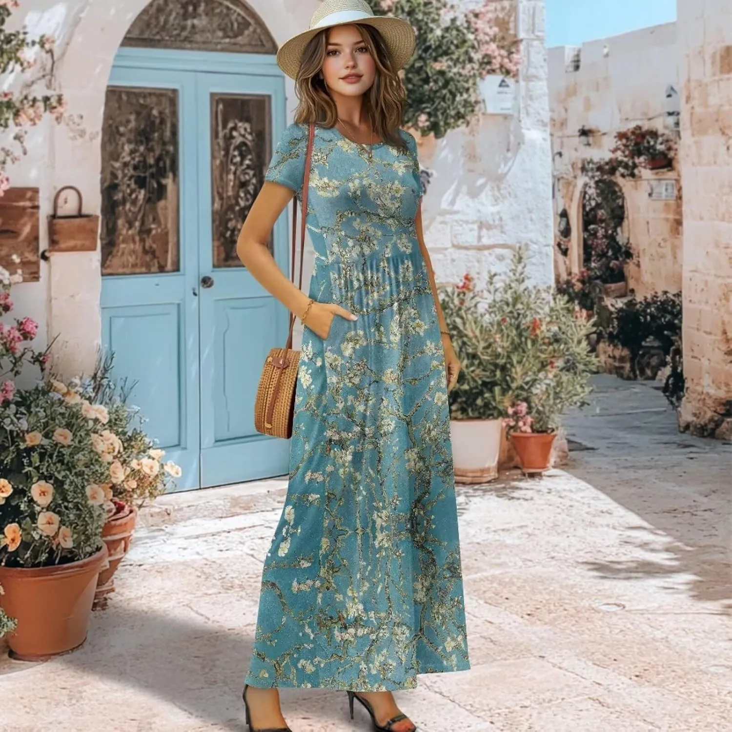 Women's Short Sleeve Loose Casual Long Maxi Dresses for Women 2025 Mushroom Pattern Summer Dress