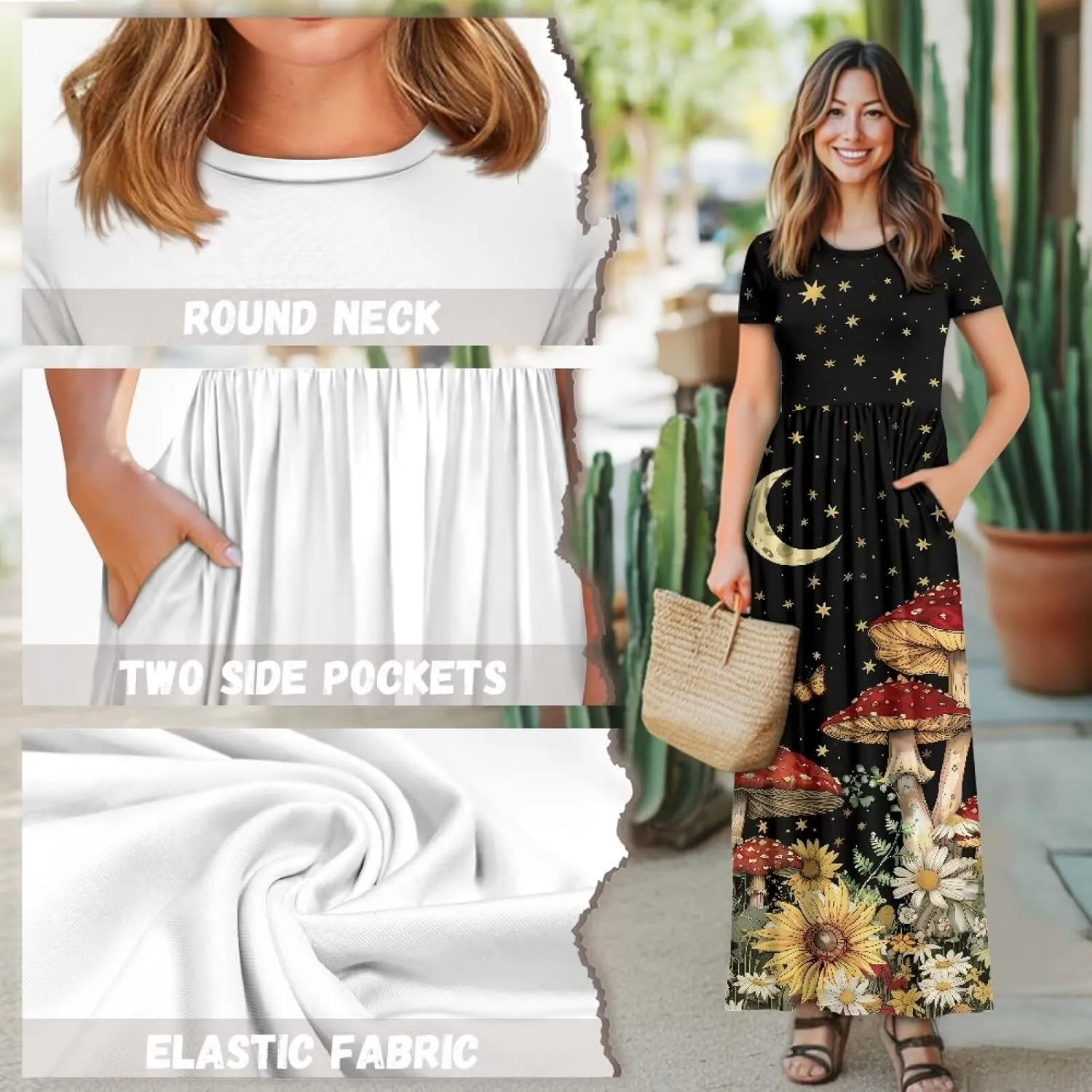 Women's Short Sleeve Loose Casual Long Maxi Dresses for Women 2025 Mushroom Pattern Summer Dress