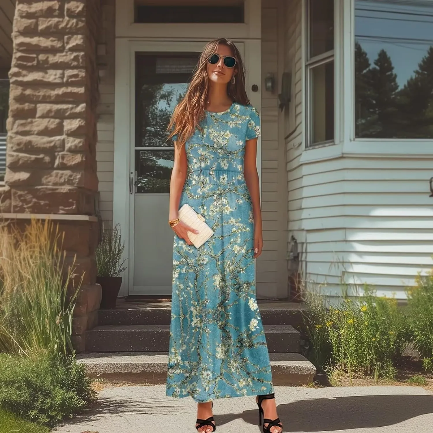 Women's Short Sleeve Loose Casual Long Maxi Dresses for Women 2025 Mushroom Pattern Summer Dress