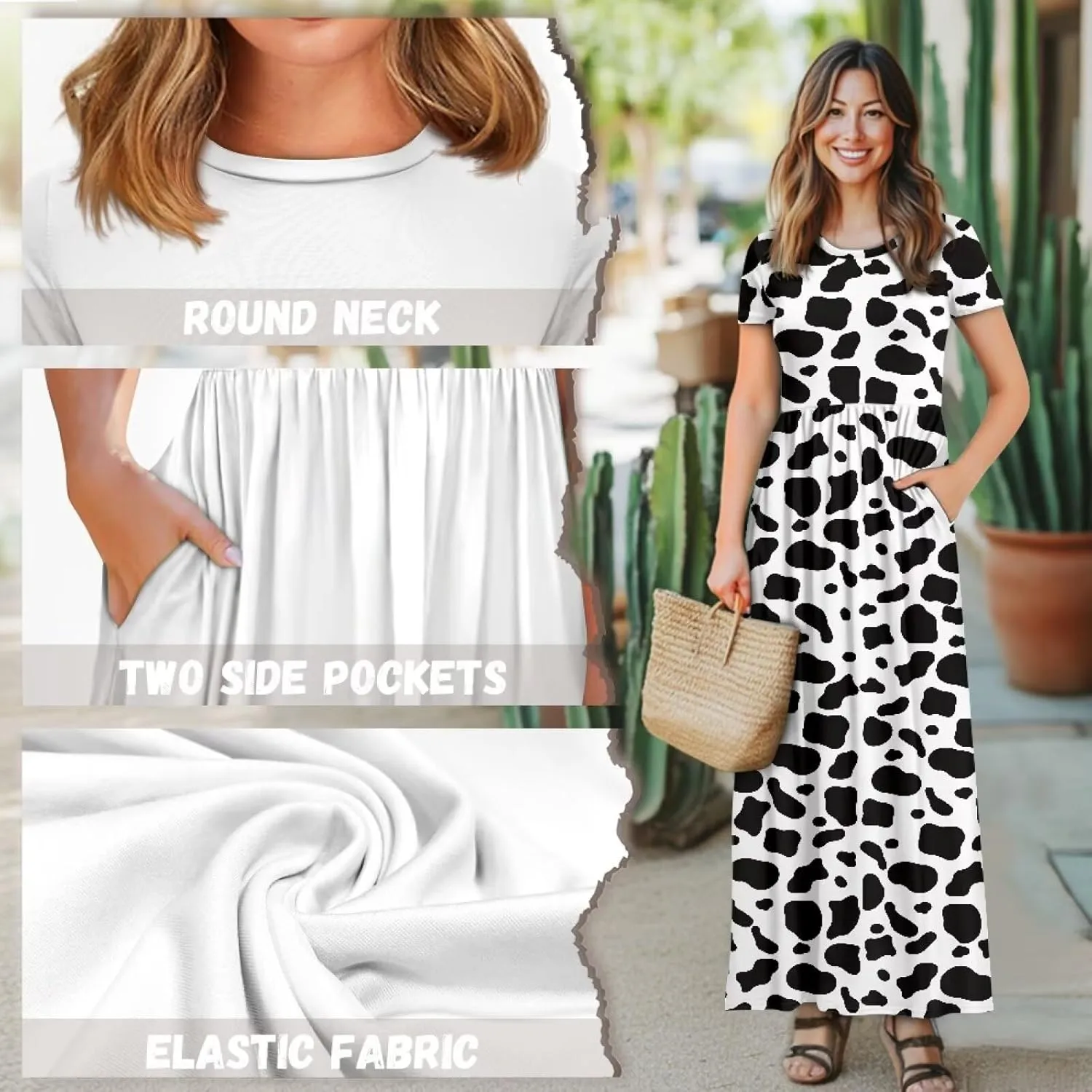 Women's Short Sleeve Loose Casual Long Maxi Dresses for Women 2025 Mushroom Pattern Summer Dress