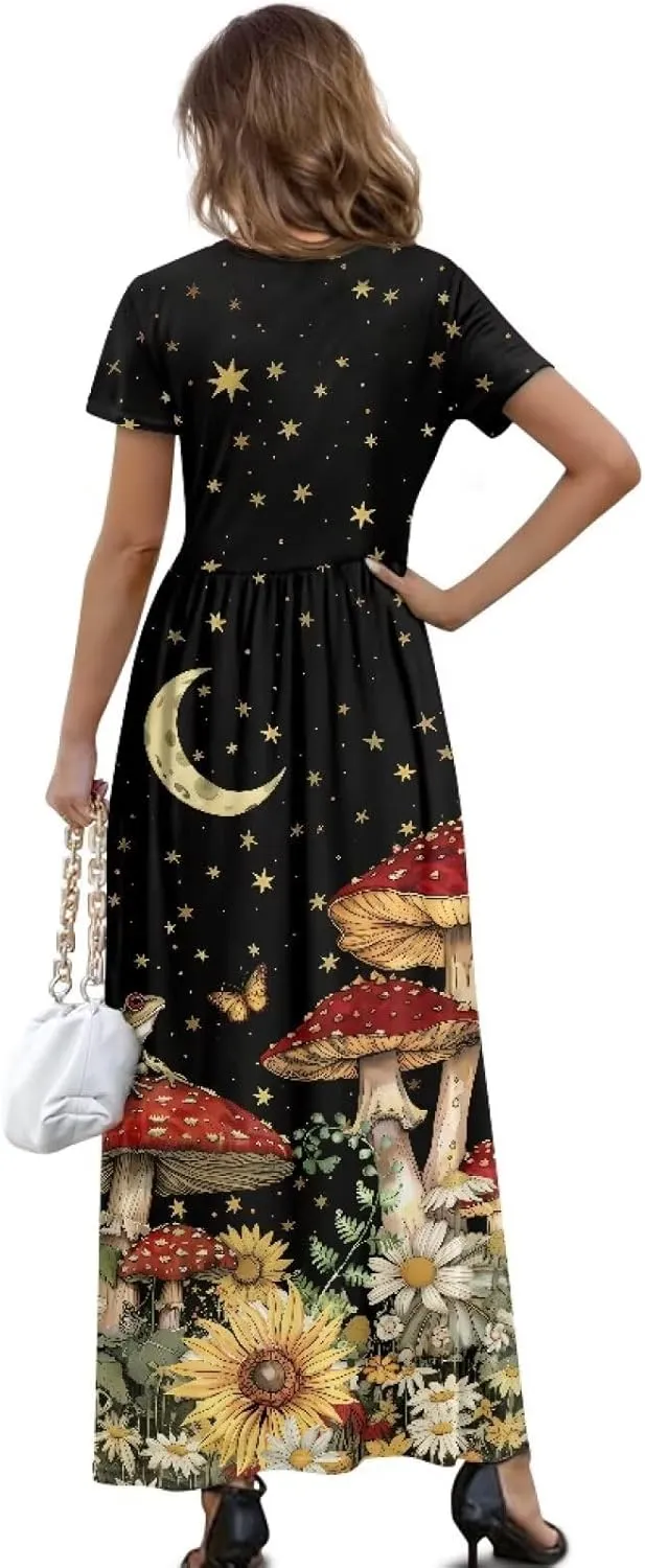 Women's Short Sleeve Loose Casual Long Maxi Dresses for Women 2025 Mushroom Pattern Summer Dress