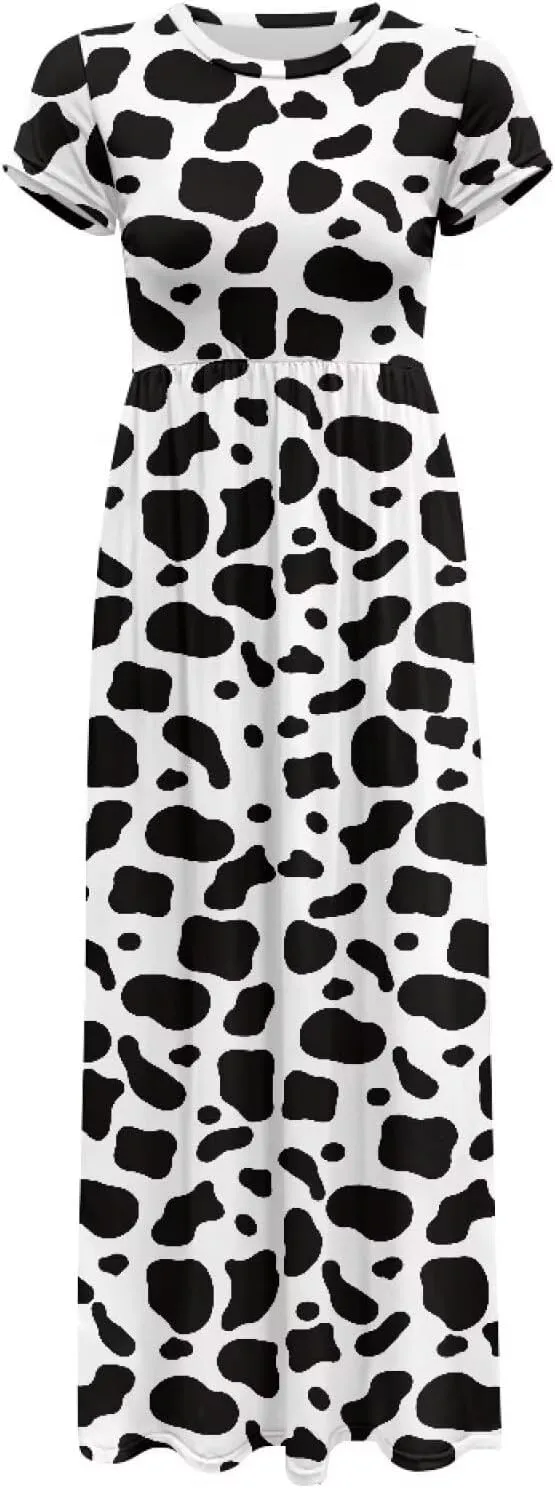 Women's Short Sleeve Loose Casual Long Maxi Dresses for Women 2025 Mushroom Pattern Summer Dress