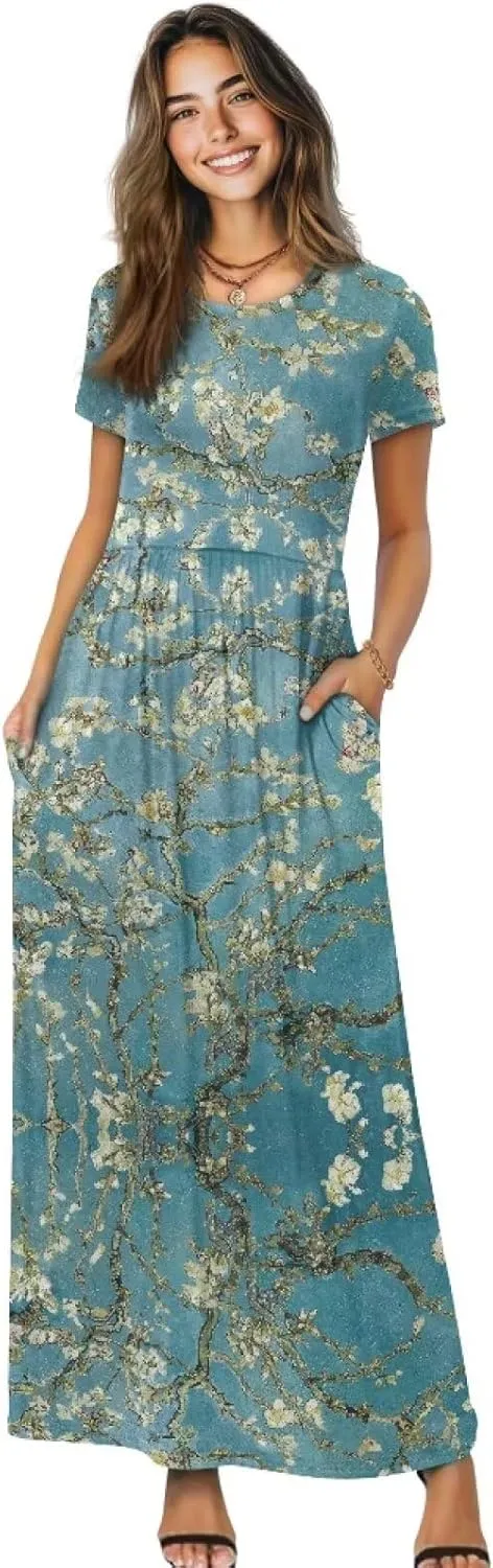 Women's Short Sleeve Loose Casual Long Maxi Dresses for Women 2025 Mushroom Pattern Summer Dress