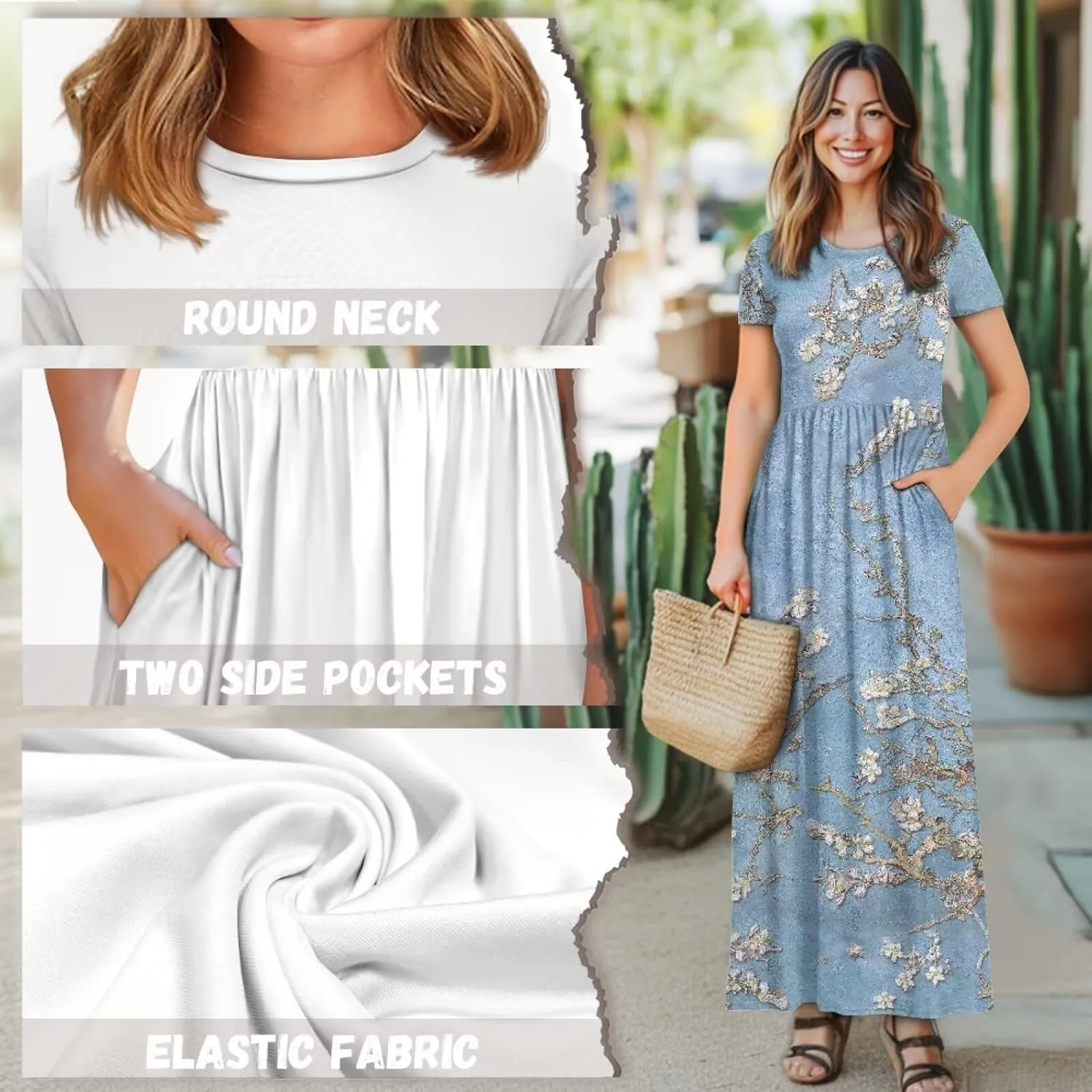 Women's Short Sleeve Loose Casual Long Maxi Dresses for Women 2025 Mushroom Pattern Summer Dress