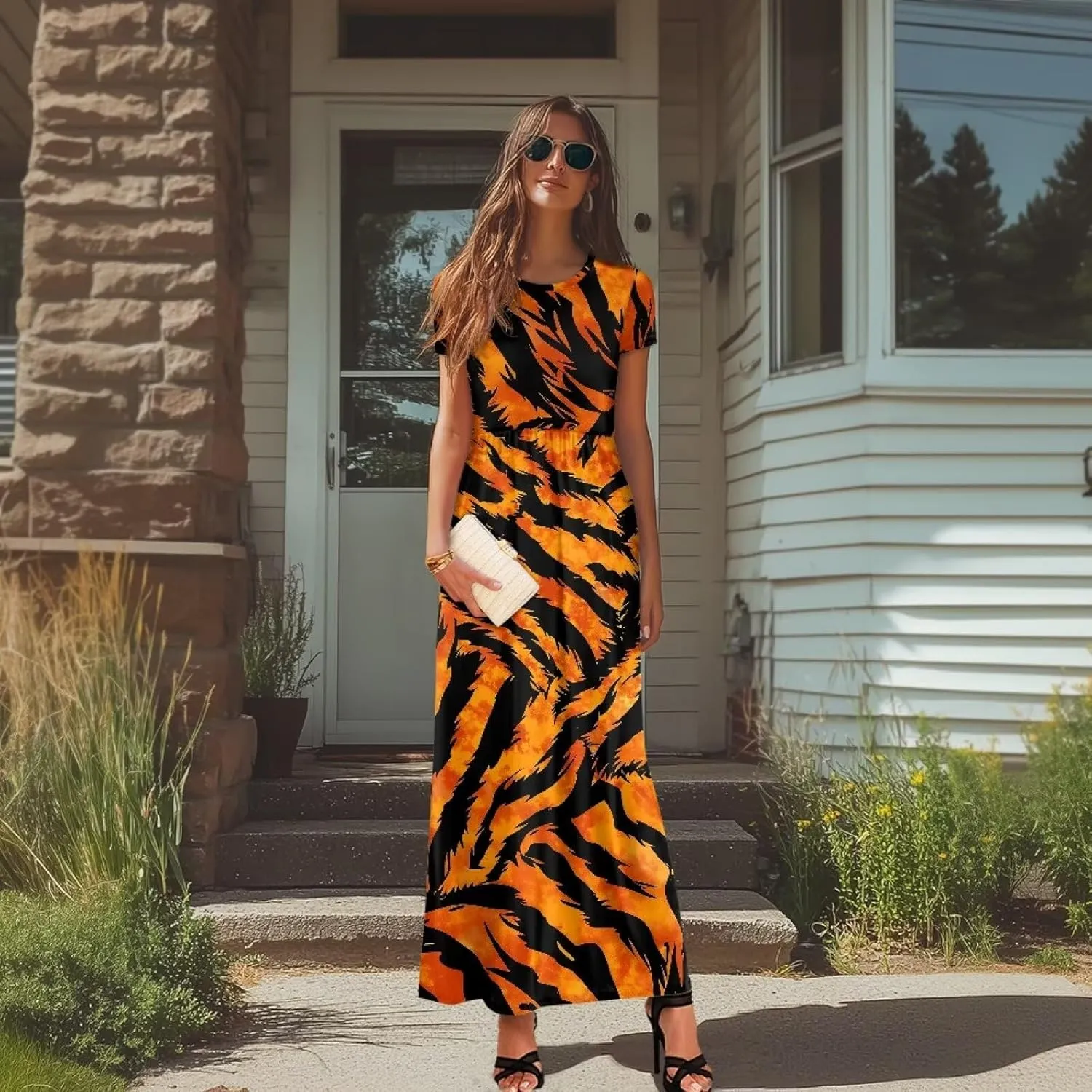Women's Short Sleeve Loose Casual Long Maxi Dresses for Women 2025 Mushroom Pattern Summer Dress