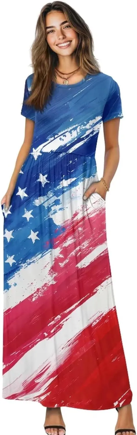 Women's Short Sleeve Loose Casual Long Maxi Dresses for Women 2025 Mushroom Pattern Summer Dress