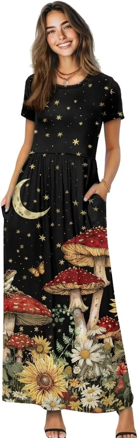 Women's Short Sleeve Loose Casual Long Maxi Dresses for Women 2025 Mushroom Pattern Summer Dress