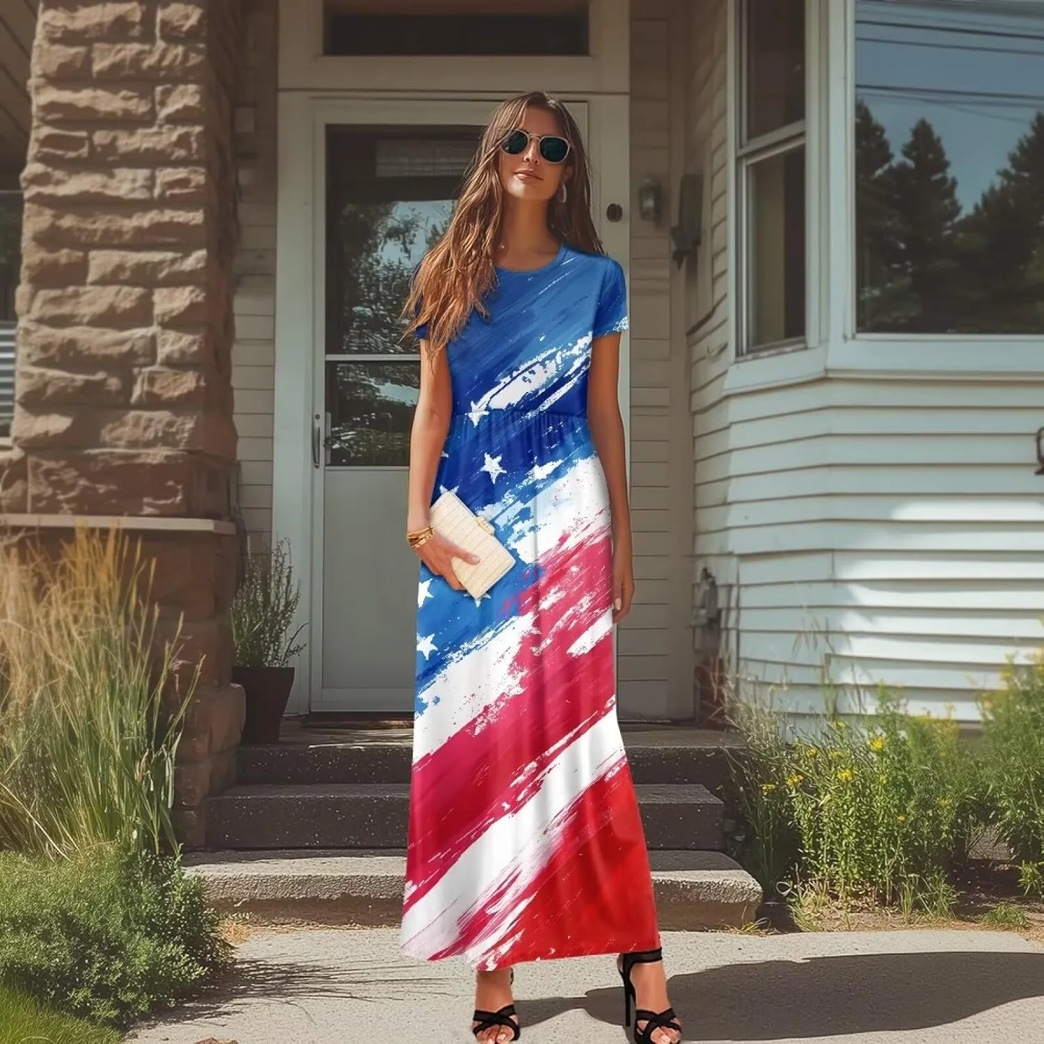 Women's Short Sleeve Loose Casual Long Maxi Dresses for Women 2025 Mushroom Pattern Summer Dress
