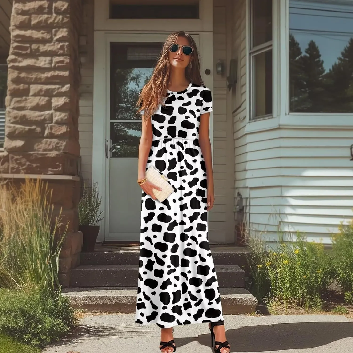 Women's Short Sleeve Loose Casual Long Maxi Dresses for Women 2025 Mushroom Pattern Summer Dress