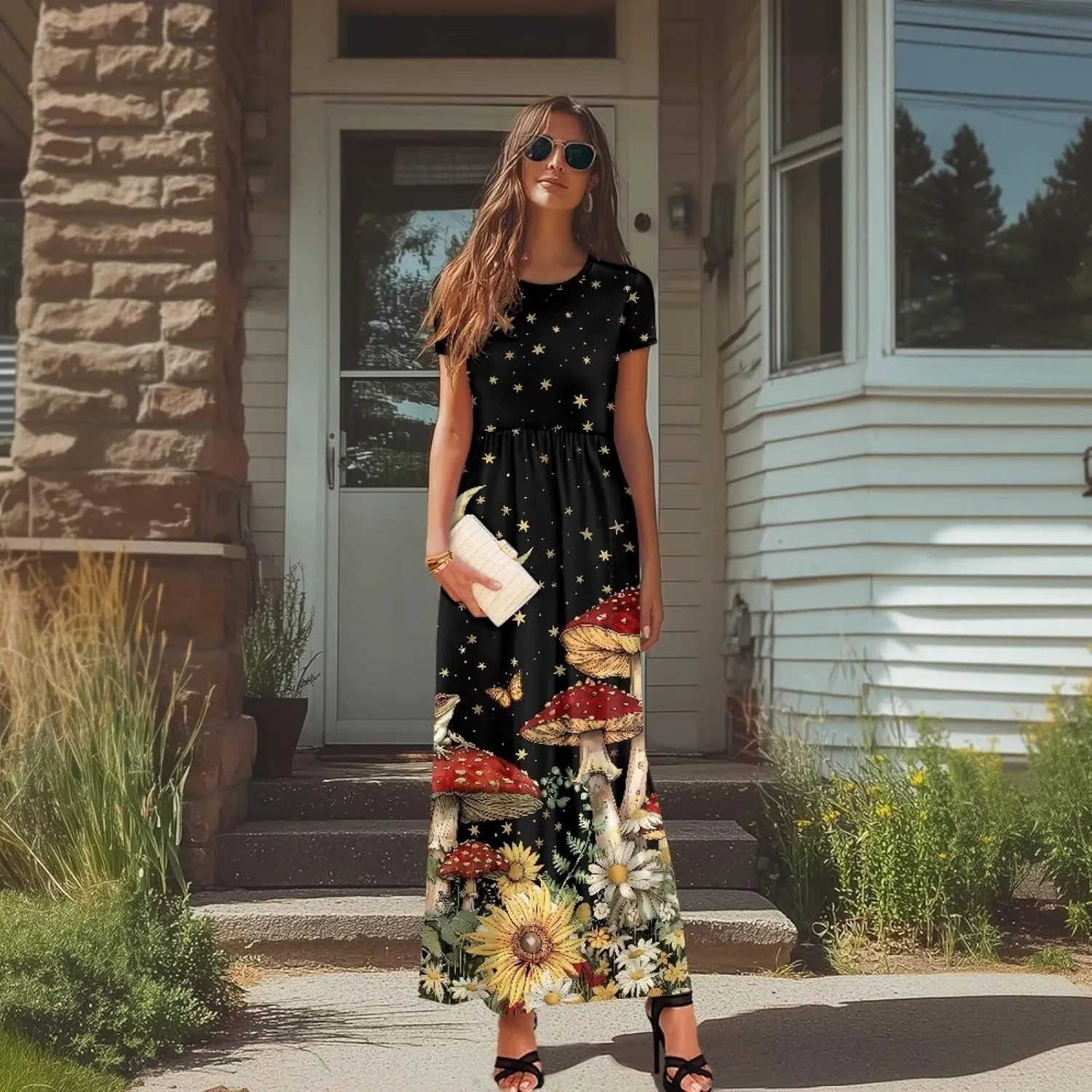 Women's Short Sleeve Loose Casual Long Maxi Dresses for Women 2025 Mushroom Pattern Summer Dress