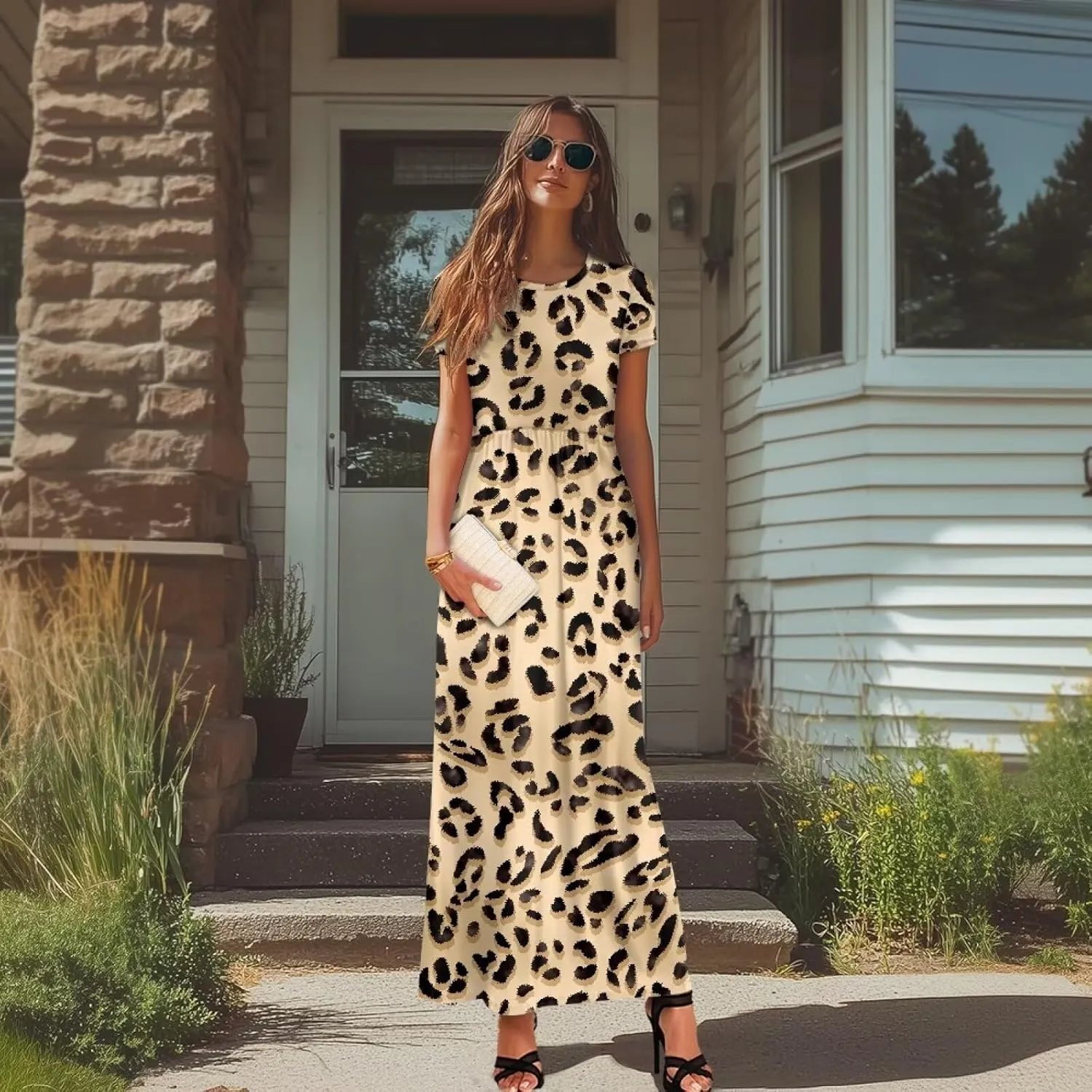 Women's Short Sleeve Loose Casual Long Maxi Dresses for Women 2025 Mushroom Pattern Summer Dress