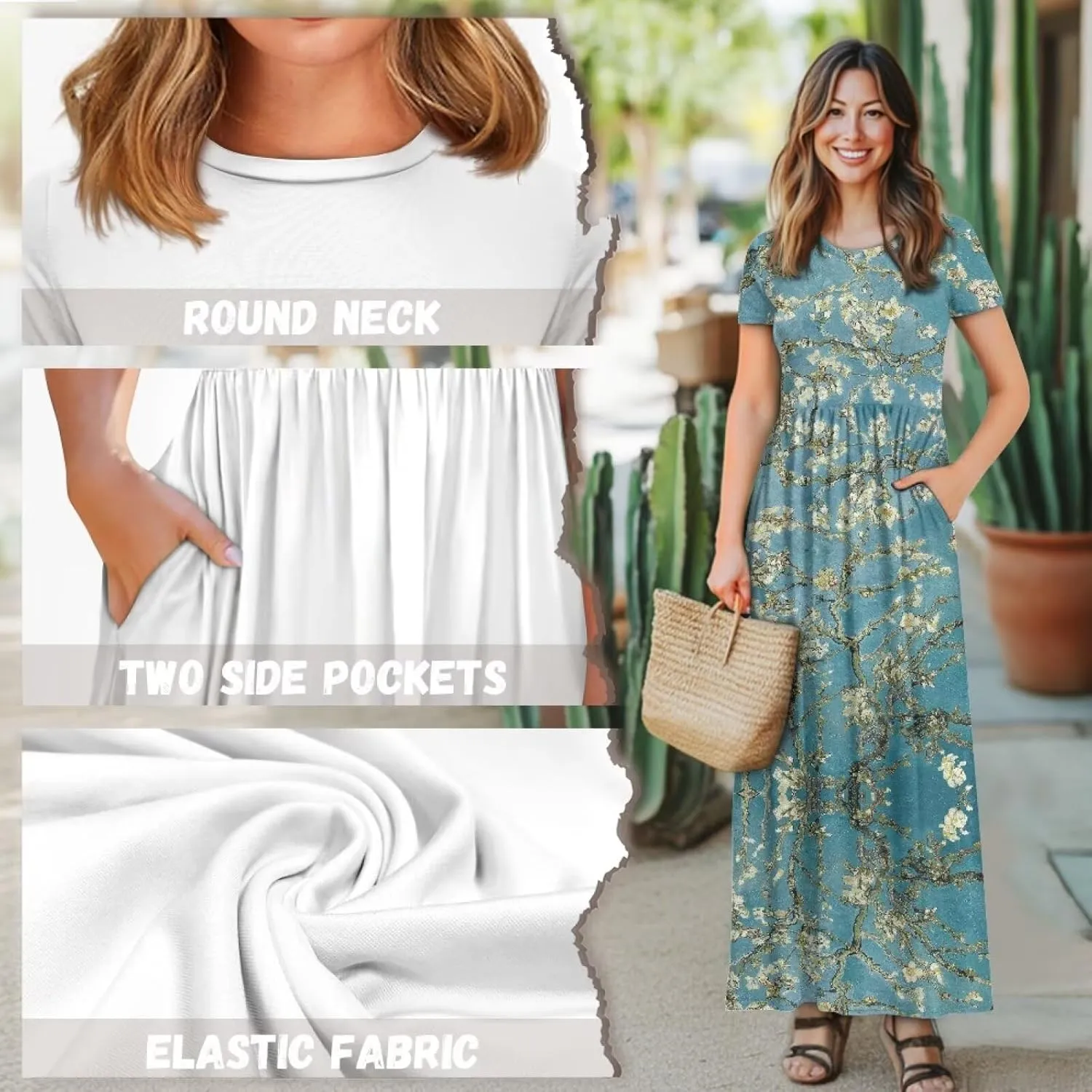 Women's Short Sleeve Loose Casual Long Maxi Dresses for Women 2025 Mushroom Pattern Summer Dress