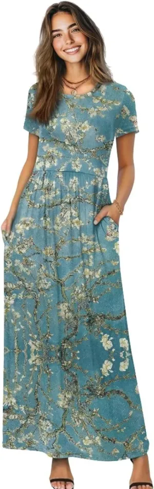 Women's Short Sleeve Loose Casual Long Maxi Dresses for Women 2025 Mushroom Pattern Summer Dress