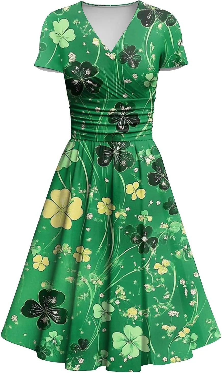 Women's Short Sleeve Loose Dress Comfy Slim V-Neck Daily Waisted Shirred Dressy Casual Shamrock Print Dresses