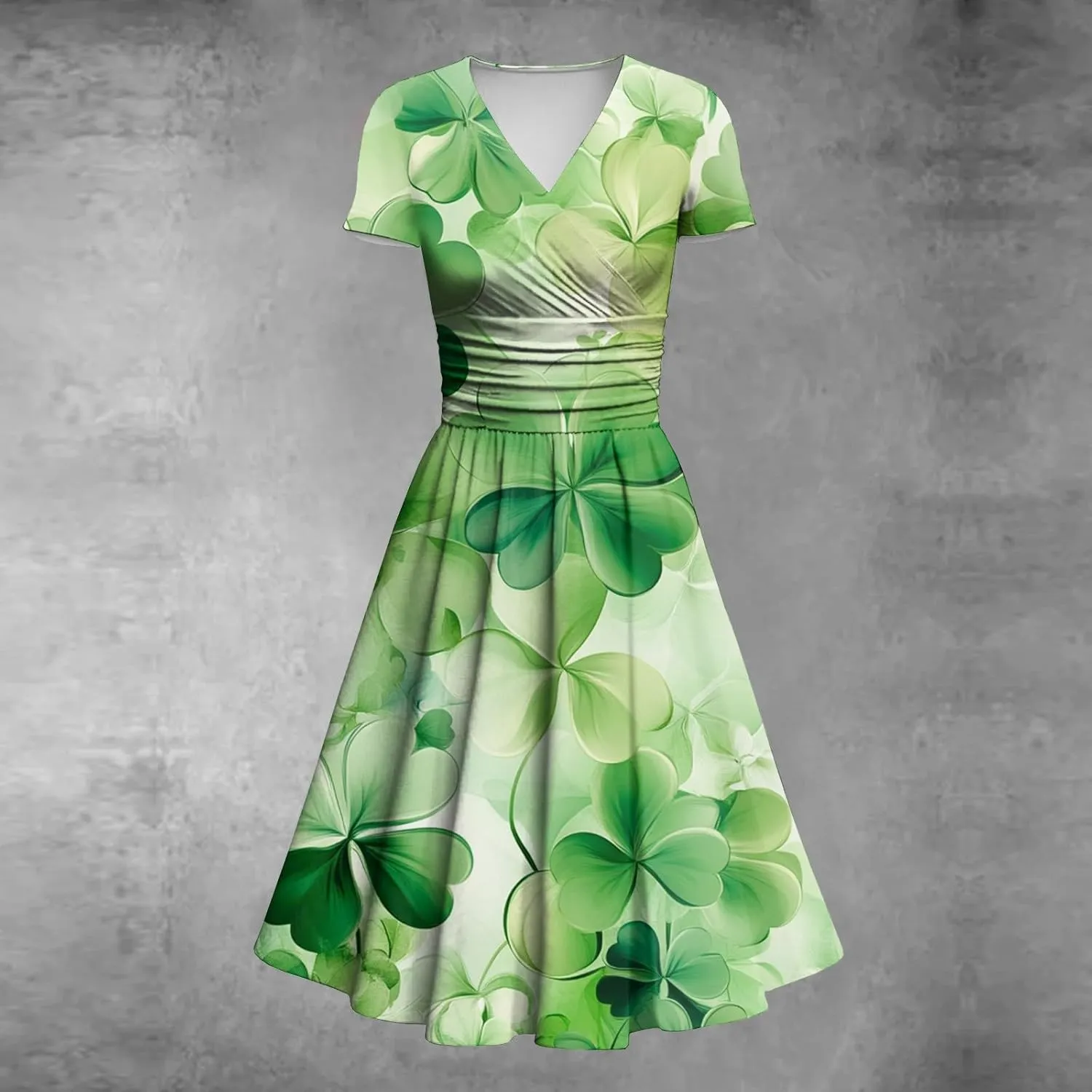 Women's Short Sleeve Loose Dress Comfy Slim V-Neck Daily Waisted Shirred Dressy Casual Shamrock Print Dresses