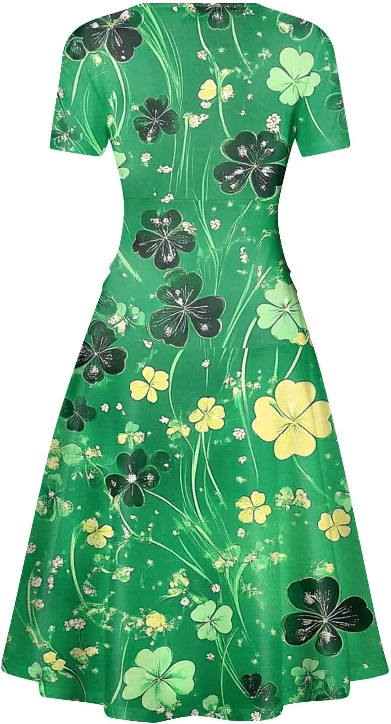 Women's Short Sleeve Loose Dress Comfy Slim V-Neck Daily Waisted Shirred Dressy Casual Shamrock Print Dresses