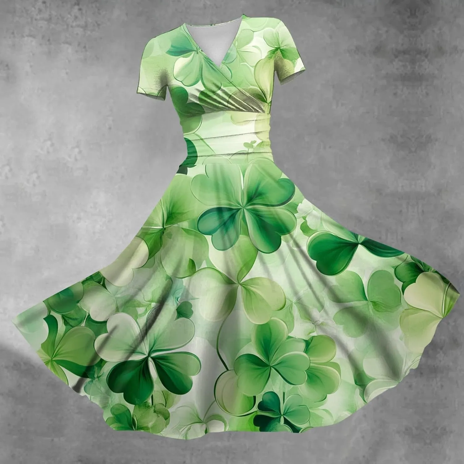 Women's Short Sleeve Loose Dress Comfy Slim V-Neck Daily Waisted Shirred Dressy Casual Shamrock Print Dresses