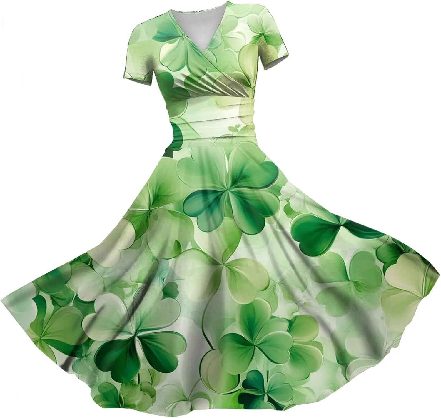 Women's Short Sleeve Loose Dress Comfy Slim V-Neck Daily Waisted Shirred Dressy Casual Shamrock Print Dresses
