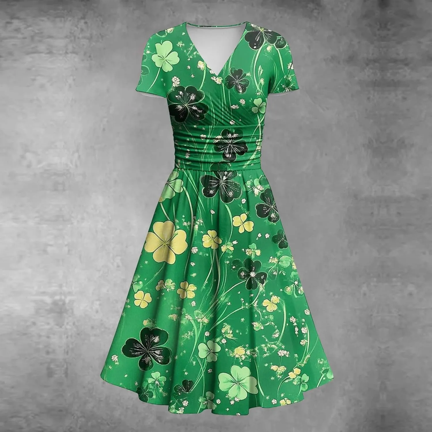 Women's Short Sleeve Loose Dress Comfy Slim V-Neck Daily Waisted Shirred Dressy Casual Shamrock Print Dresses
