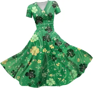 Women's Short Sleeve Loose Dress Comfy Slim V-Neck Daily Waisted Shirred Dressy Casual Shamrock Print Dresses